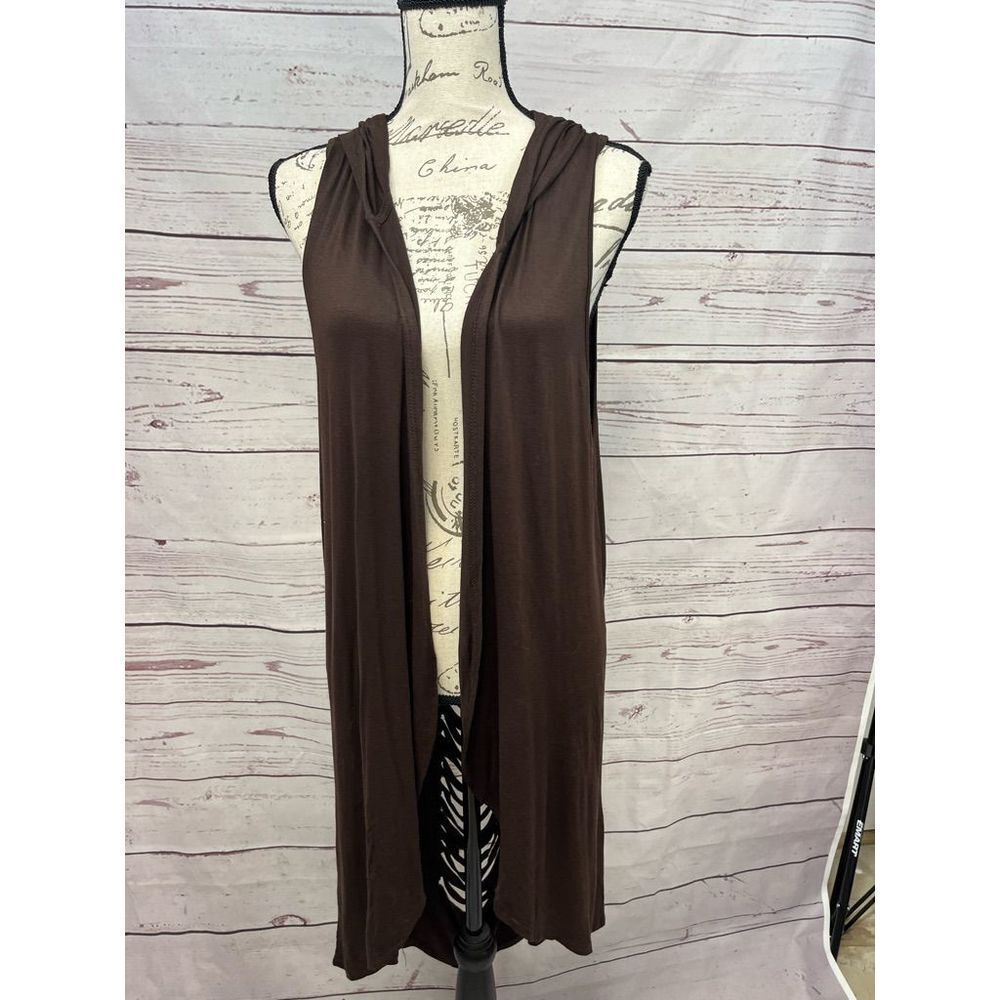 Love J Brown Hooded Vest Sleeveless Cardigan Open Front Slashed Back XL